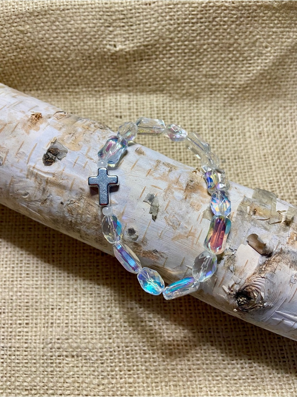 Crystal Aurora Cross Stretch Bracelet - Clear Iridescent
